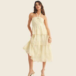 NWT Just me Yellow Eyelet Halter Tiered Midi Dress Summer Party (Small)